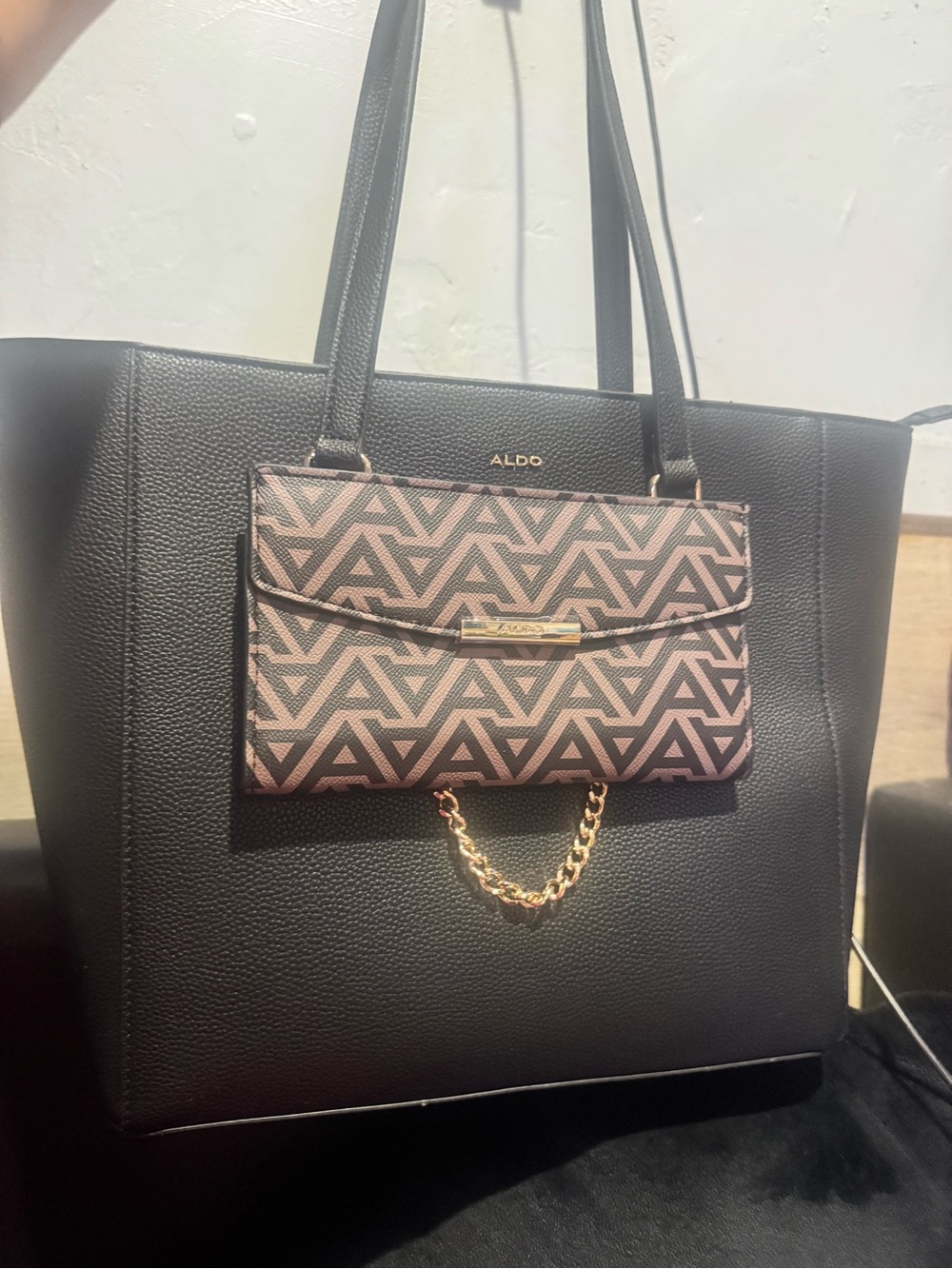 ALDO Black Tote with Pink Geometric Accent Wallet and Gold Chain